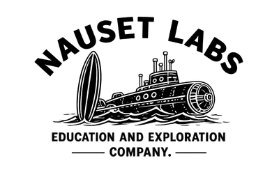 Nauset Labs. Education and Exploration Company. A submarine beside a surfboard.
